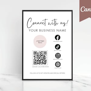 Social Media Sign Template, Canva Template, Follow Us Sign, Small Business Sign, QR code Sign, Let&#39;s Be Social, Social Media Business Sign