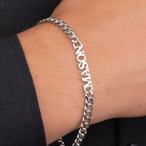 Personalized Name Engraving Mens Bracelet, 925 Sterling Silver Bracelet, Handmade Jewelry, Father Gift, Gift For Him, Mens ID Bracelet