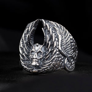 Skull Men Ring, Ring For Men, 925K Sterling Silver Men Biker Ring, Fathers Gift, Personalized Jewelry, Gift For Him, Wings Punk Ring