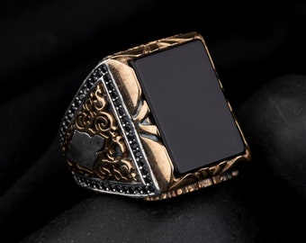 Handmade Rectangle Black Onyx Sterling Silver Ring, Gift For Him
