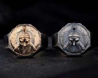 Anillo de plata de ley con escudo espartano, anillo de guerrero gladiador