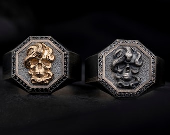 Skull & Snake Ring, Signet Skeleton Ring, 925K Sterling Silver Black Diamod Ring, Gift For Him, Christmas Gift, Gift For Boyfriend