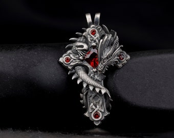 Handmade Dragon & Cross Pendant, Ruby Necklace, 925 Sterling Silver, Religious Accessory, Crucifix Necklace, Gift For Him, Christmas Gift