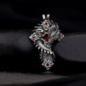 Handmade Dragon & Cross Pendant, Ruby Necklace, 925 Sterling Silver, Religious Accessory, Crucifix Necklace, Gift For Him, Christmas Gift