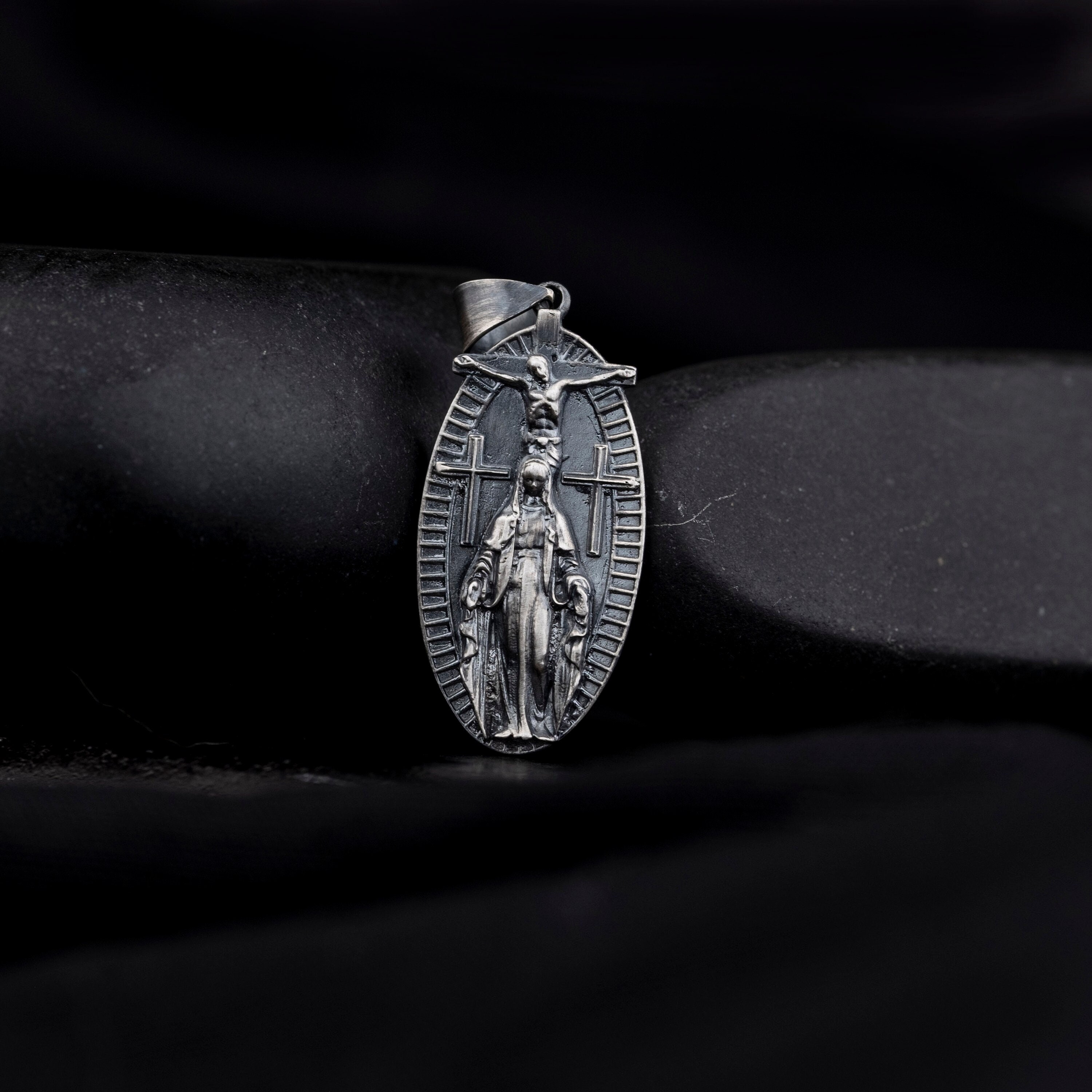 Handmade Jesus Christ Virgin Mary Pendant, Crucifix Men Necklace, Medallion Necklace, 925 Sterling Silver, Gift For Him, Christmas Gift