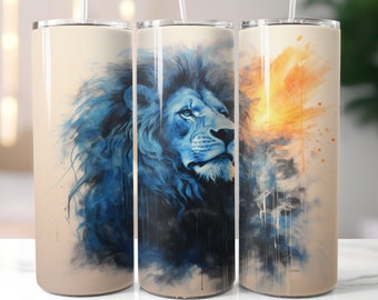 Croquis du lion bleu et du coucher de soleil, emballage pour verre de 20 oz. TÉLÉCHARGEMENT NUMÉRIQUE.