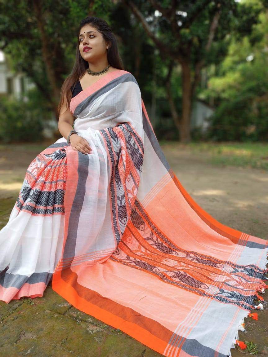 Handloom khadi cotton saree with blouse piece colour White and orange for Indian women traditional and ethnic wear