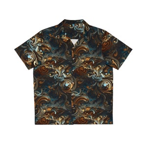 Camicia hawaiana da uomo floreale metallizzata (AOP) spiaggia, estate, Button Up, festival, arte da indossare, visionario, psichedelico, trippy, uomo in fiamme