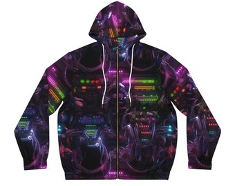 May include: A black zip-up hoodie featuring a colourful, neon-like pattern of circuit boards and wires. The pattern is repeated across the entire hoodie, including the sleeves and hood.