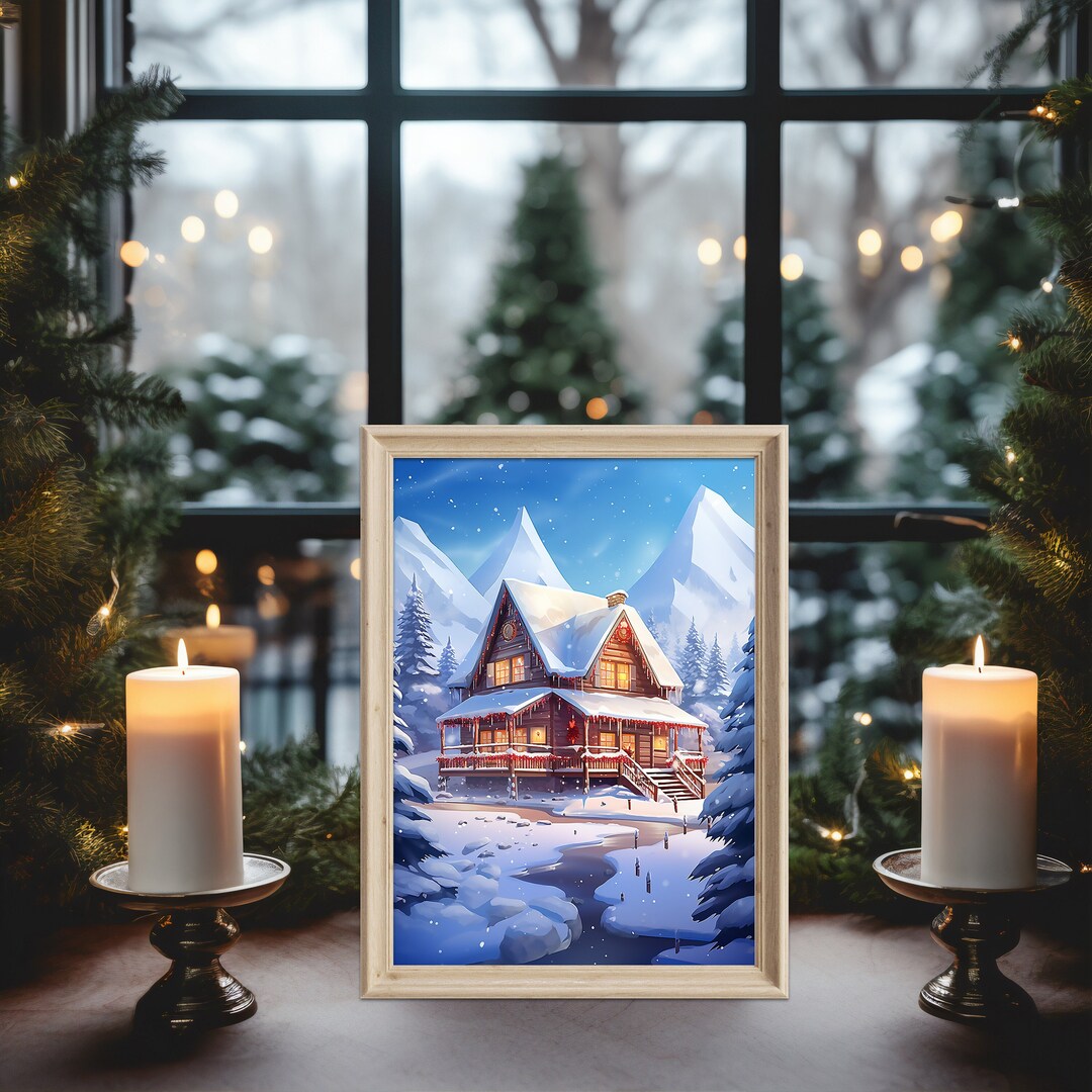 Snowy Cabin Art Print, Winter Wall Art, Cozy Cabin in the Mountains