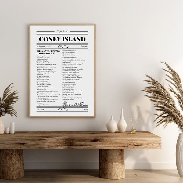 Coney Island Taylor Swift Newspaper Article, Evermore Wall Art Print, Taylor Swift Coney Island Song Lyrics, Eras Tour Digital Print,