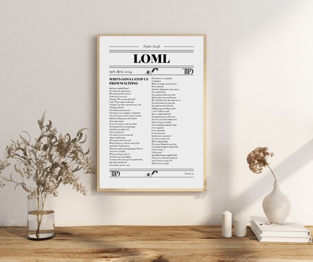 Taylor Swift LOML Lyrics Newspaper Print, the Tortured Poets Department
