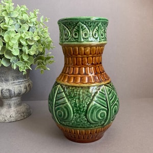 Bay Keramik Vase, West German Pottery MCM Green Brown Glazed Pot.