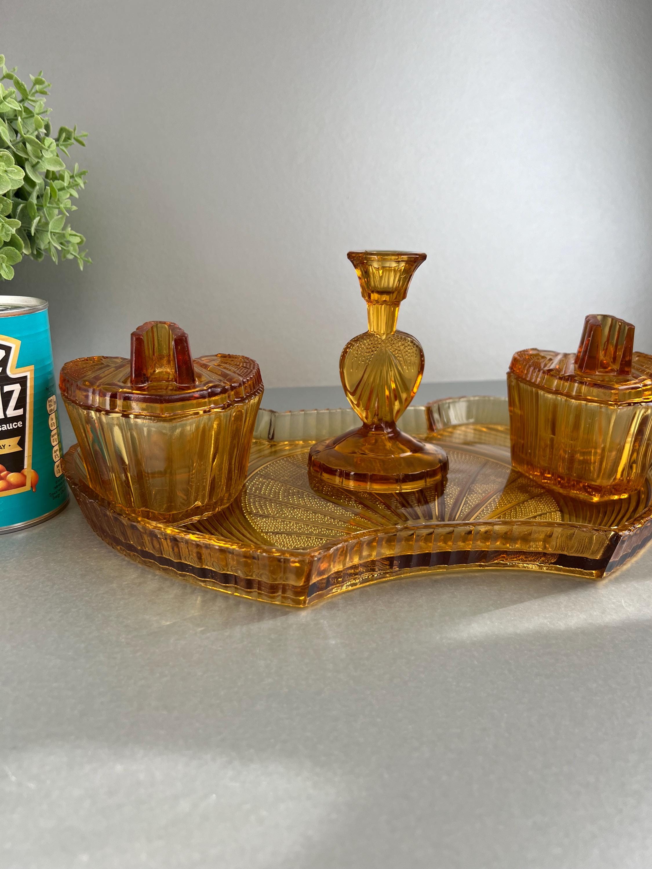 Amber Coloured Czech Glass Dressing Table Tidy by S. Reich & Co 1930s, Vanity Tray, Lidded Bowls and Candlestick Vintage Boudoir Organiser