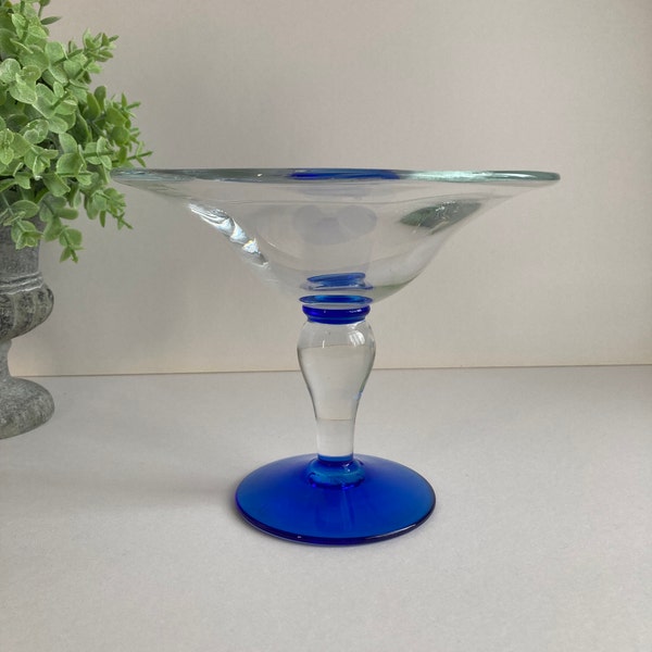 Art Glass Orrefors Pedestal Bowl with Blue Base. Stemmed Dish, Swedish Glass, Centrepiece.