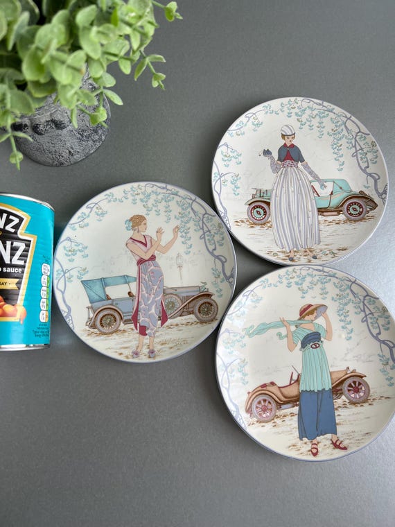 3 Poole Scenic Plates Titled Lady With Car, Trio of Collectable