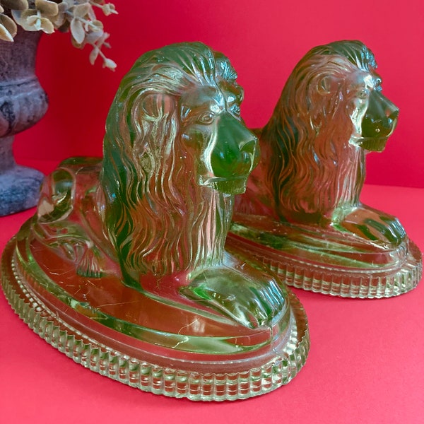 Pair Landseers Lion Paperweights, Uranium Glass John Derbyshire Lions, Victorian Pressed Glass