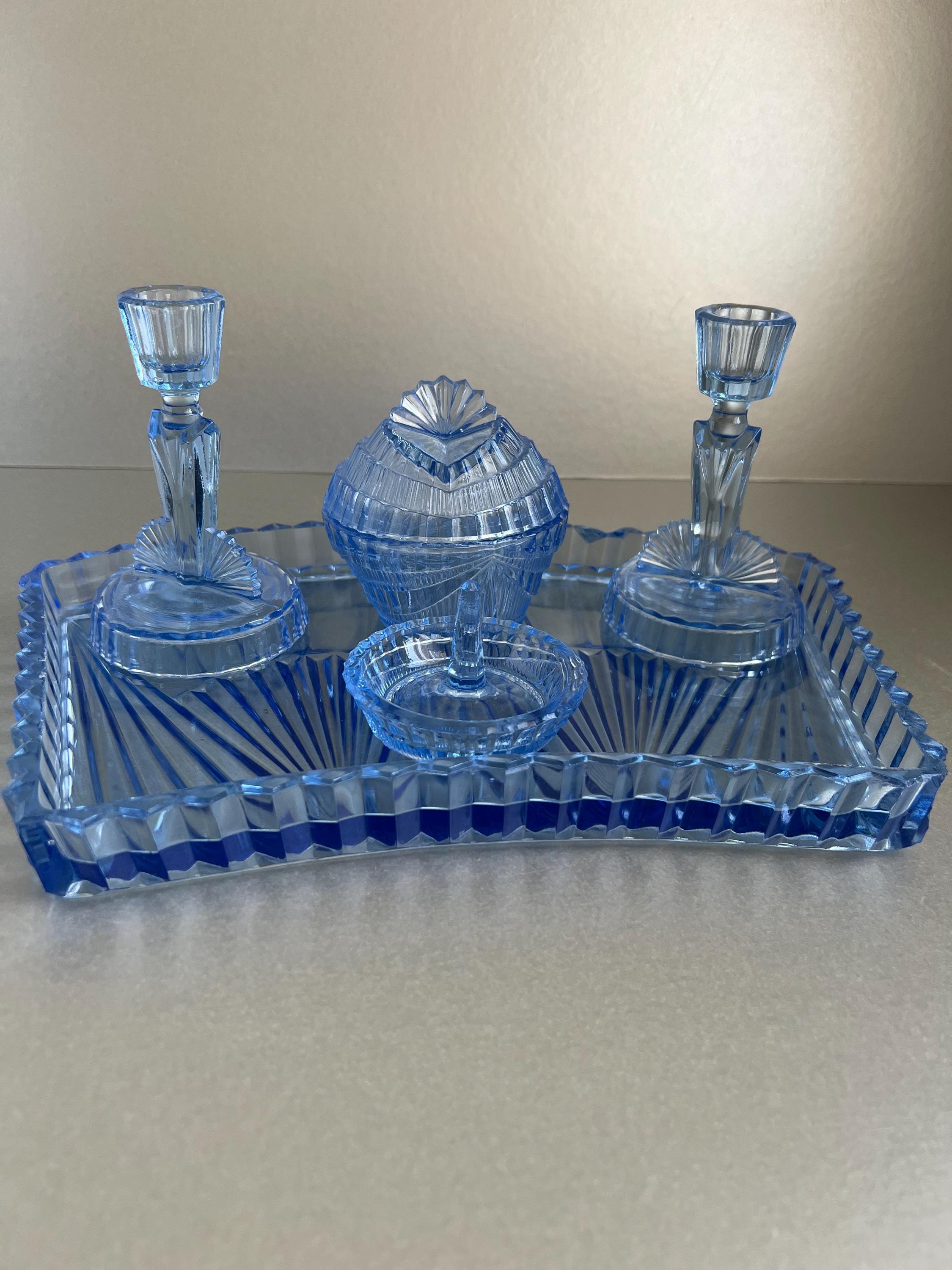 Vintage Blue Glass Dressing Table Set - Etsy UK