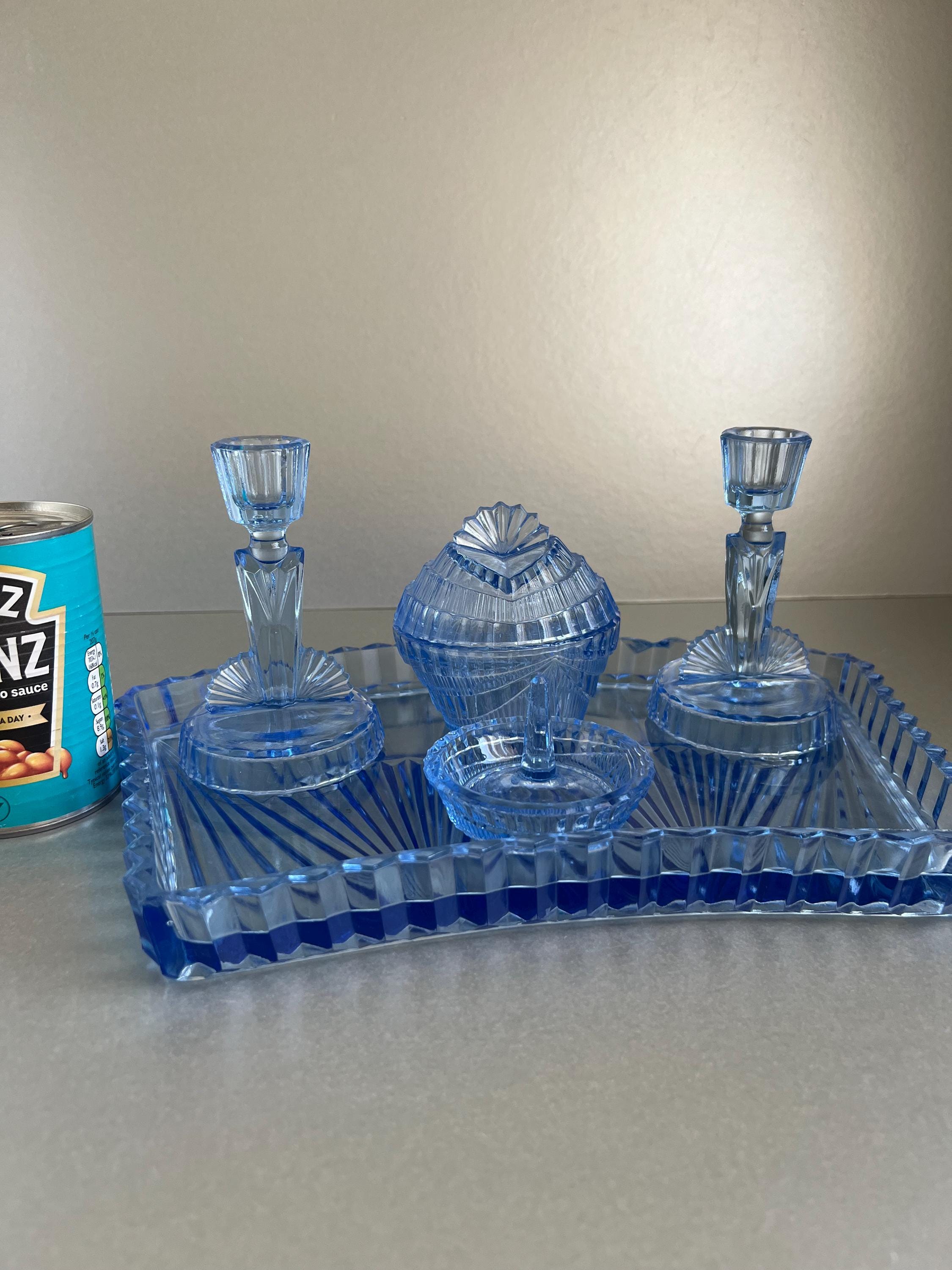 blue glass dressing table set Reich Set, Art Deco Tray Blue finish with gold Sale Aug 2026 formal dress with corset Size:Youth - G4 Girls  Size 4