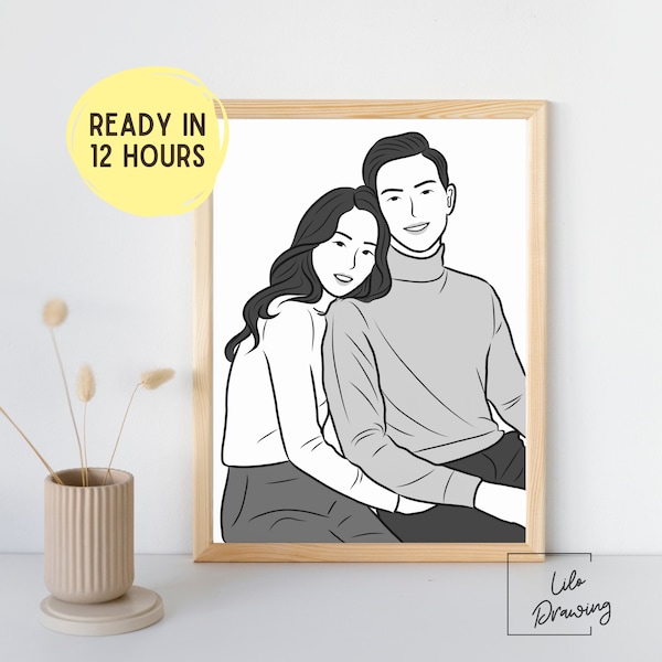 CUSTOM PORTRAIT ILLUSTRATION Monochrome Wedding Gift Couple Portrait Drawing from Photo Best Friend Gift Line Drawing Personalized Lineart