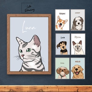 Custom Cat Portrait Personalised Pet Illustrations Cartoon Draw Cat Memorial New Pet Gift Pet Lover Gift Ideas Pet Portrait Hand Illustrated