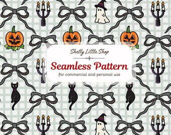 Könnte beinhalten: Nahtloses Halloween-Muster mit Kürbissen, schwarzen Katzen, Geistern, Schleifen und Kerzenleuchtern auf hellgrauem Gitterhintergrund. Der Text "Seamless Pattern" ist rot dargestellt. Für kommerzielle und private Nutzung.