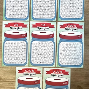 Könnte beinhalten: Ein Satz von 10 bunten Karten mit Illustrationen von Glasbehältern. Jede Karte hat einen anderen Geldbetrag darauf geschrieben, wie z. B. 10 Cent, 20 Cent, 50 Cent, 1 Euro, 2 Euro, 5 Euro, 10 Euro und 20 Euro. Die Karten sind dazu gedacht, Menschen beim Sparen zu helfen.