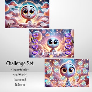 Challengeset "Traumfabrik", 3 Challenges zum Rubbeln, Losen & Würfeln , gelocht für den A6 Binder, einseitig Folienkaschiert Artikel 2025/48