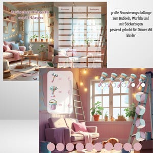 Sparchallenge Klappkarte Renovierung, Wohnzimmer, Rubbelchallenge, Würfelchallenge, Stickerchallenge, gelocht für A6 Artikel