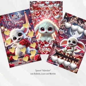 Challengeset "Valentine", 3 Challenges zum Rubbeln, Losen & Würfeln , gelocht für den A6 Binder, einseitig Folienkaschiert Artikel 2025/7-1
