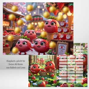 Sparchallenge Klappkarte Erdbbeeren, "Chaos auf dem Erdbeermarkt", Rubbelchallenge, Loschallenge, , gelocht für A6 Artikel
