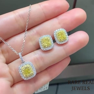 Yellow Cushion Cut Gemstone and Side Moissanite WhiteDiamond Pendant & Earrings Set | Double Halo | White Gold Fine Jewelry | RareRealJewels