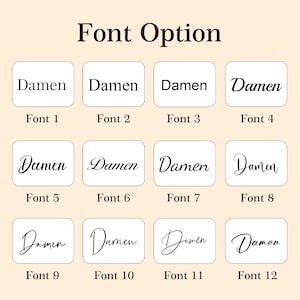 K&ouml;nnte beinhalten: Ein Bild mit 12 Schriftoptionen f&uuml;r den Namen "Damen". Jede Schriftart wird in einem wei&szlig;en Quadrat mit einer Schriftnummer angezeigt. Der Text "Font Option" steht oben.