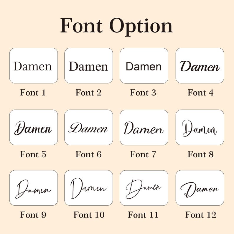 K&ouml;nnte beinhalten: Ein Bild mit 12 Schriftoptionen f&uuml;r den Namen "Damen". Jede Schriftart wird in einem wei&szlig;en Quadrat mit einer Schriftnummer angezeigt. Der Text "Font Option" steht oben.