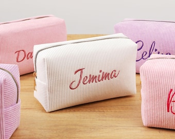 Personalisierte bestickte Cord-Make-up-Tasche, individuelle Brautjungfer Geschenke, Kosmetiktasche, Reise-Kulturbeutel