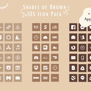 May include: A collection of brown and white app icons for iOS devices. The icons are arranged in a grid pattern and include popular apps such as Hulu, Airbnb, CBS News, Citi, Facebook, Amazon, Apple TV, Spotify, Discord, Disney+, Dropbox, Duolingo, eBay, Google, Instagram, and more. The text "Shades of Brown iOS Icon Pack + 700 App Icons" is at the top of the image.