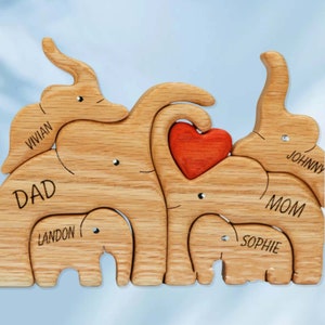 Custom Name Wooden Elephant Puzzle,6 Person Animal FigurineFamily Home Decor,Family Keepsake Gift,Gift for Parents,Thanksgiving Gift