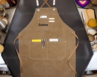 Personalized Kitchen Apron, Canvas Workshop Apron with Pockets, Custom Gift for Him, Bar Apron, Barbeque Apron, Bartender Apron,Floral Apron