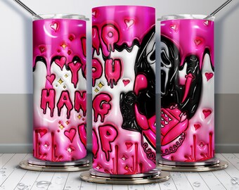 May include: A set of three stainless steel tumblers with a pink and white dripping design. The tumblers feature the text "Why You Hang Up" in pink bubble letters, hearts, and a black and pink graphic of a Scream mask.