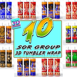 May include: Ten 3D tumbler wraps featuring different designs with Greek letters, symbols, and images. The designs are in various colors, including red, blue, yellow, green, and black.