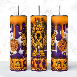 May include: Three stainless steel tumblers with a purple, white and orange design. The tumblers feature a cartoon dog wearing a crown, the letters "EST. 1911", and the Greek letters "ΩΨΦ".