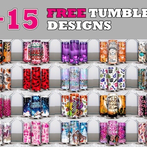 May include: A collection of 15 different designs for tumblers. The designs include various themes such as Christmas, Halloween, teacher, nurse, and more. The designs are colorful and feature a variety of patterns and graphics.