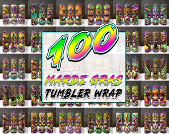May include: 100 Mardi Gras Tumbler Wrap designs featuring colorful, festive designs with masks, beads, and the phrase "Happy Mardi Gras".