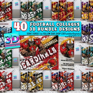 40 Football College Tumbler Wrap Design, 3D opgeblazen voetbal Tumbler wrap bundel | Voetbal Tumbler Wrap Bundel Digitaal | 20 oz 300 dpi