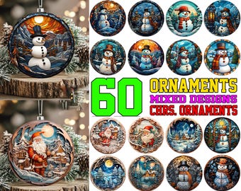 May include: A collection of 60 Christmas ornaments with mixed designs. The ornaments feature various winter scenes, including snowmen, Santa Claus, and snowy landscapes. The ornaments are round and have a decorative design.