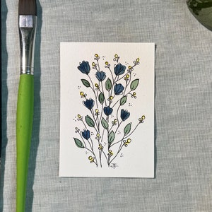 Handgemaltes Original Aquarell "Blume Blau-Gelb" mit Fineliner Details - Einzelstück, Unikat, kein Druck - Kunst, Natur, Geschenk, Karte