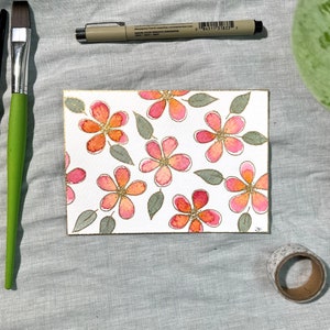 Handgemalte Original Postkarte Aquarell "Rot-Orange Blumen" mit Goldeffekt - Einzelstück, Unikat, kein Druck - einzigartiges Geschenk