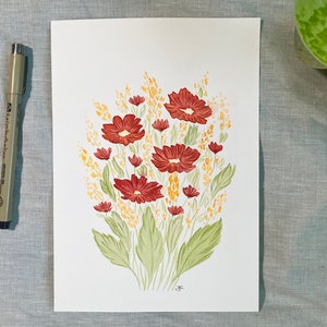 Hand-painted original watercolor &quot;Red Flowers&quot; - unique piece, one-of-a-kind, not a print - unique gift - flower art