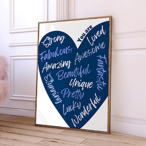 Daily Affirmation Wall Art You Are Amazing Print Navy Blue Heart Print Trendy Positive Printable Art Motivational Dorm Room Decor Aesthetic