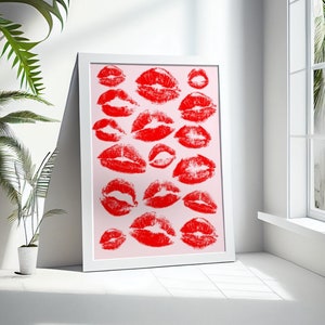 Kiss Lips Wandkunst, rote Lippen Druck, trendige Digitaldrucke, Preppy Dorm Poster; Rot Rosa Druck, Funky Kisses Druck, Mode Make Up Druck